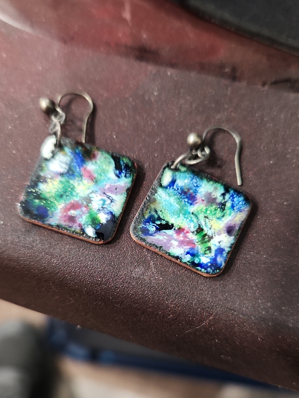 Vintage Multicolor Enamel Square Drop Earrings